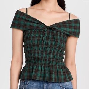NWT Damson Madder Green Plaid Off-Shoulder Top